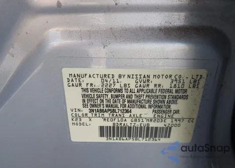 2011 Nissan Sentra 2.0S z USA, uszkodzony, nr VIN 3N1AB6AP5BL712364